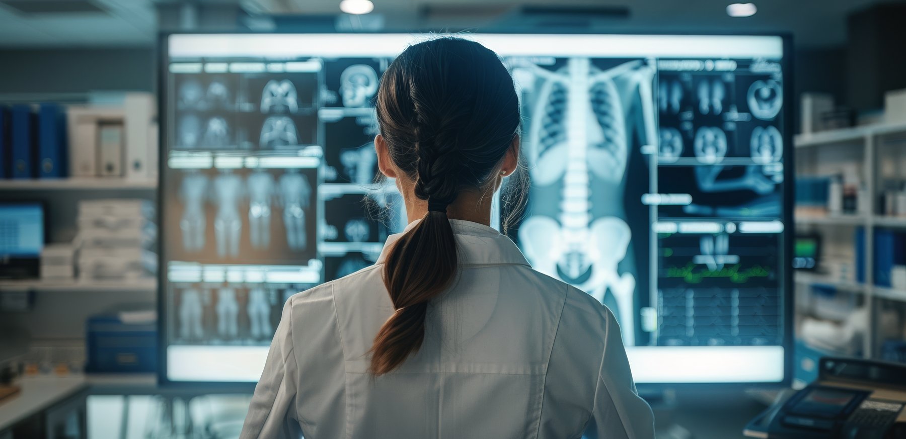 A female doctor in a white coat stands in front of a large screen displaying medical images of a skeleton and brain scans.